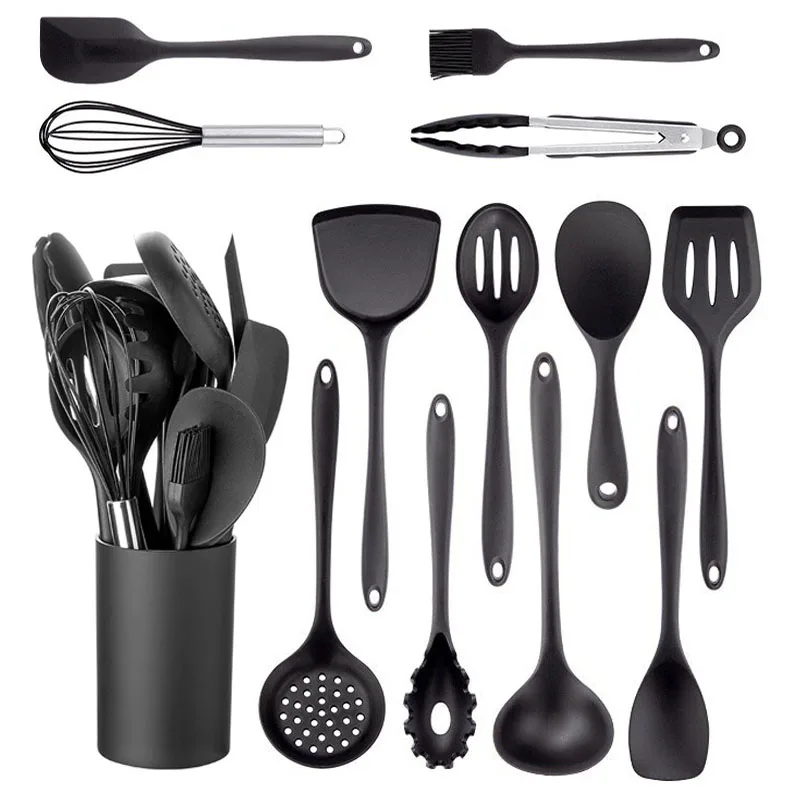 Black Cooking Kitchenware Tool Silicone Utensils Set Non-Stick Cookware Spatula Ladle Egg Beaters Shovel Kitchen Accessories
