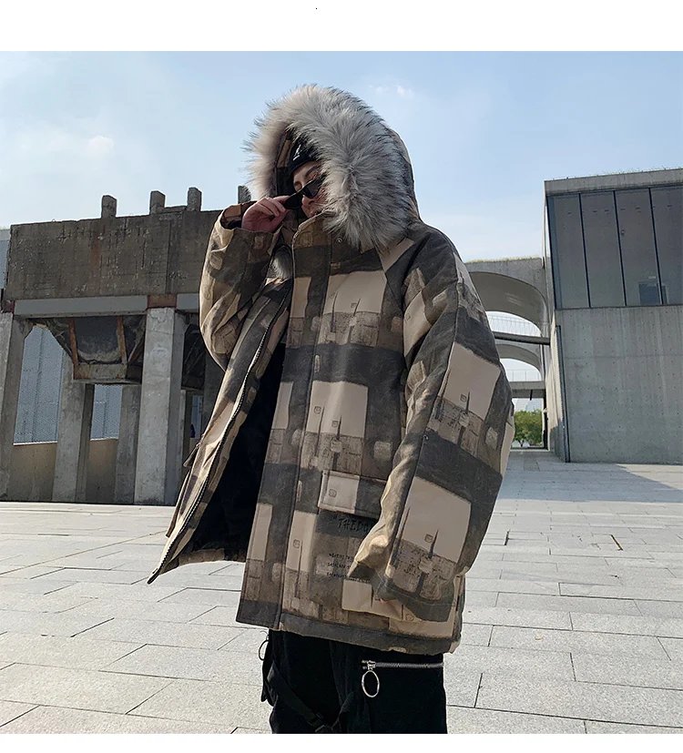 Cotton Winter Jacket Men Thick Warm Hip Hop Winderbreak Man Loose Outwear Streetwear Hooded Winter Parka Jackets Male Plaid Coat