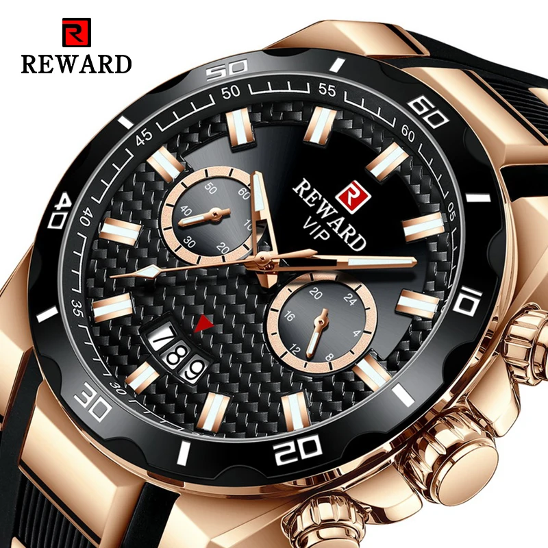 REWARD Sport Series Men's Quartz Watch Woven Shape Dial Calendar Display Black Silicone Band Rose Gold Stainless Steel Case