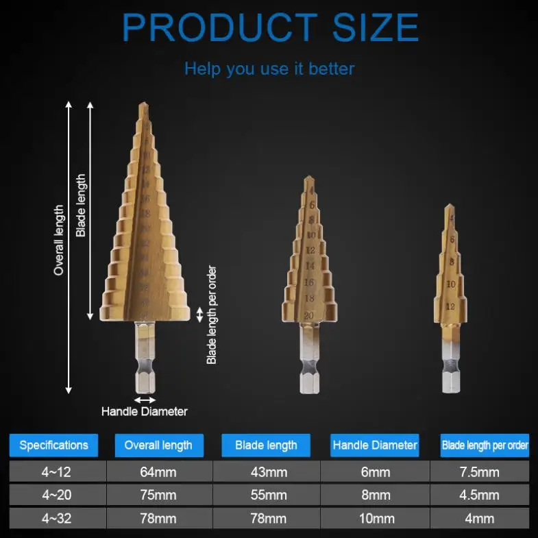 

3pcs/lot High Speed Steel Pagoda Stepped Drill Head with Hexagonal Handle Straight Groove for Electric Drill set Accessories