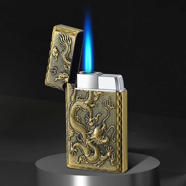 Briquet à flammes bleues en métal, rechargeable, gaz Butane, torche à Jet,  coupe-vent, motif de