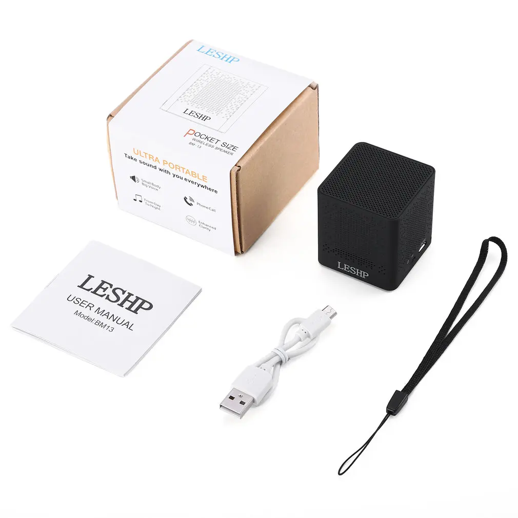 

LESHP BM13 Black Square 20HZ-20KHZ Portable Speaker Wireless Speakers V3.0 Built-in 3.7V/800mAh Battery