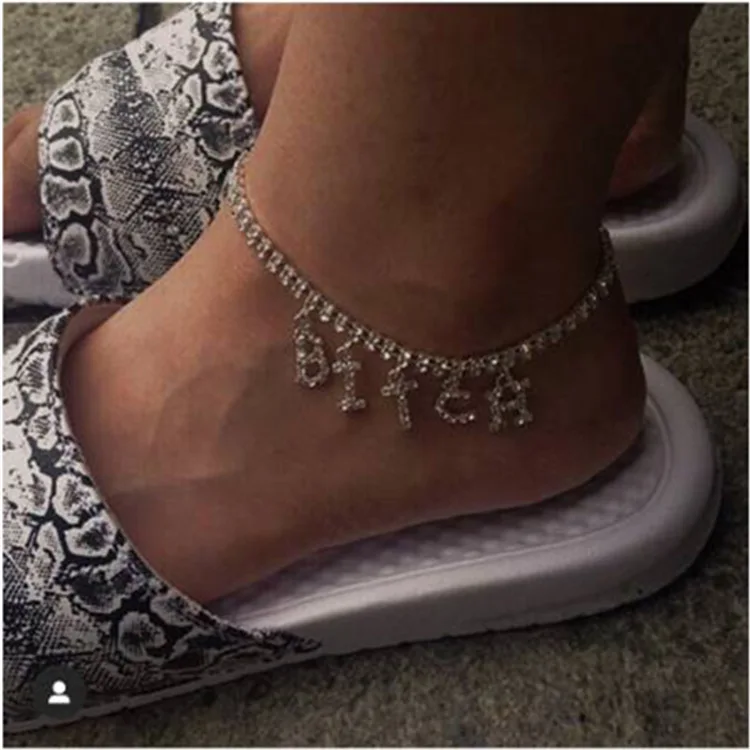Hip hop Women BITCH Crystal Anklets Bracelet Tennis Letter DIY Jewelry Silver Color Gold Foot Beach Leg Chain Barefoot Ankle Hip hop Women BITCH Crystal Anklets Bracelet Tennis Letter DIY Jewelry Silver Color Gold Foot Beach Leg Chain Barefoot Ankle