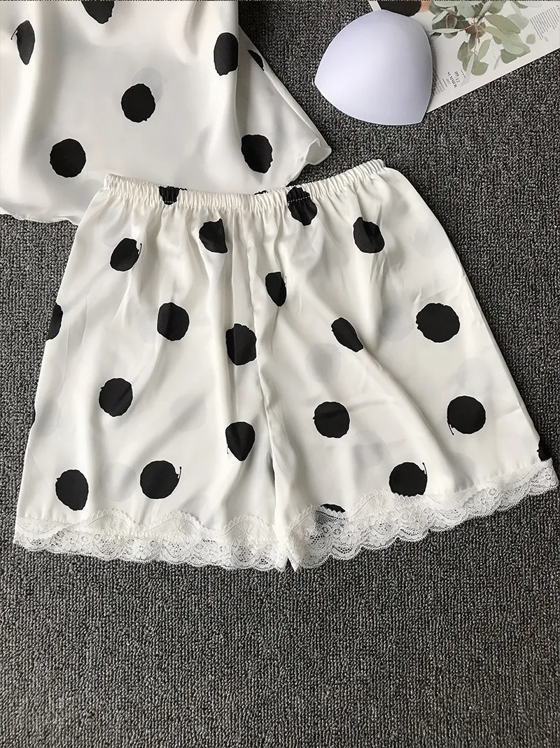 Polka Dot Spaghetti Strap Pajamas for Women Silk Night Suits Satin Pyjamas Women Sexy Pijama with Chest Pad Lingerie Sleepwear