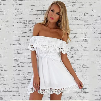 

Summer and autumn street fashion lace one word strapless women dress