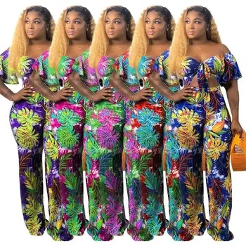 

2020 Women Sets Leaf Print Summer Tracksuits Crop Tops Pants Suit Two Piece Set Night Club Party Beach Street Wear Outfits S-2XL