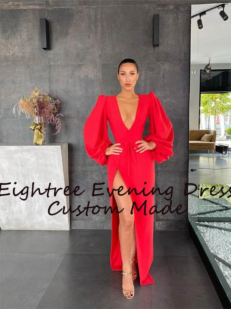 Eightree 2022 Simple V Neck Red Long Prom Dresses Long Sleeves Evening Dress Long Side Split Formal Party Prom Gowns Vestidos orange prom dresses