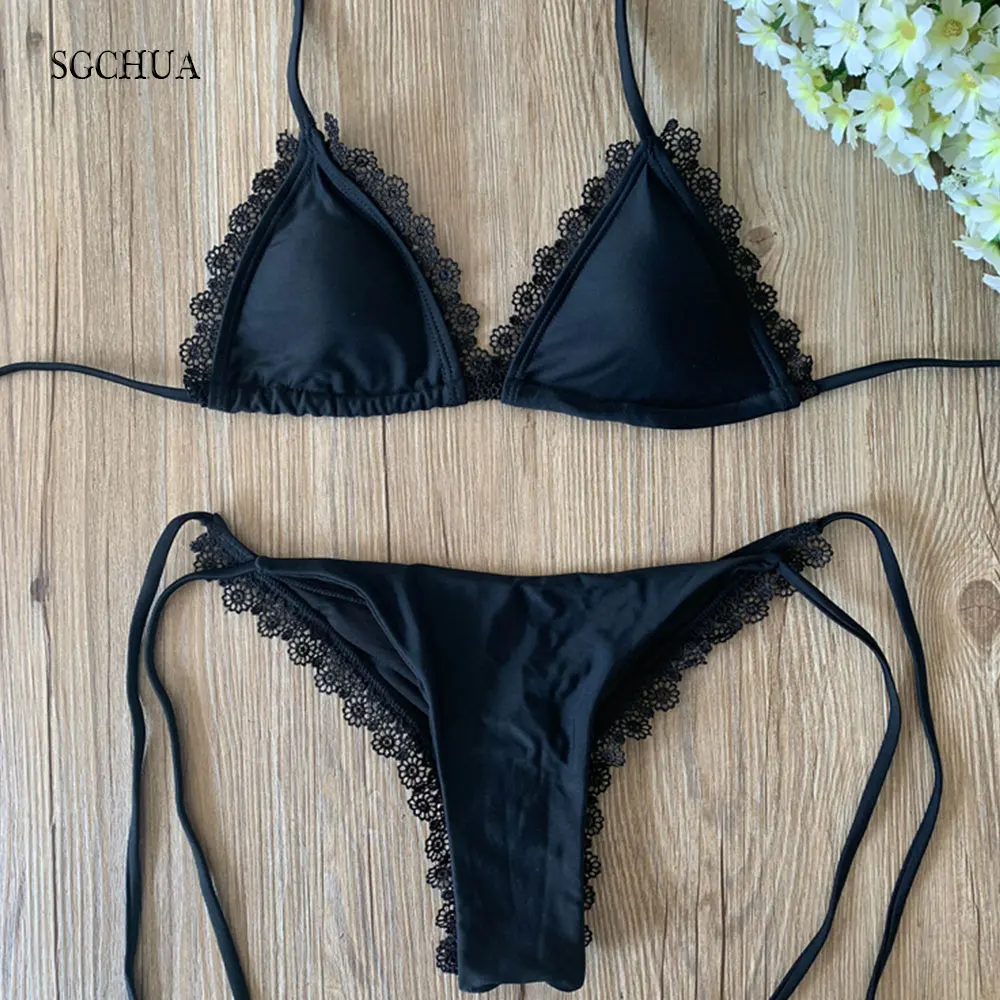 SGCHUA сексуальное бикини со рифленой подошвой черный купальник Для женщин