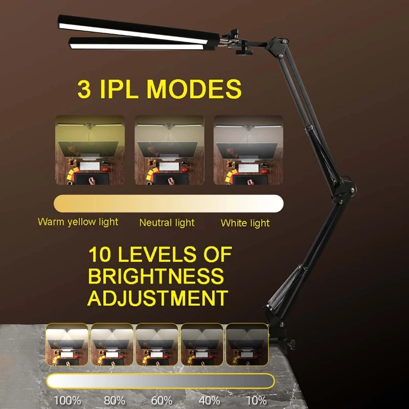 

Creative Desk Lamp Eye Protection Reading Light Dimmable Student Learning LED Folding Long Arm Clip Desk Lamp USB Double-head
