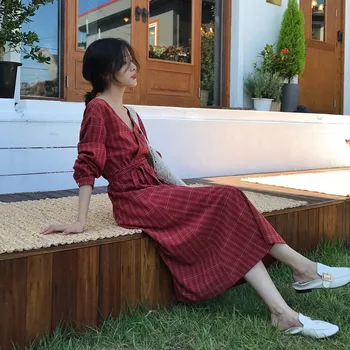 

Ladies Dresses Red Plaid Blue Check Fairy Immortal Sweet Beauty France Long Beach Summer V-Neck Maxi Dresses for Women