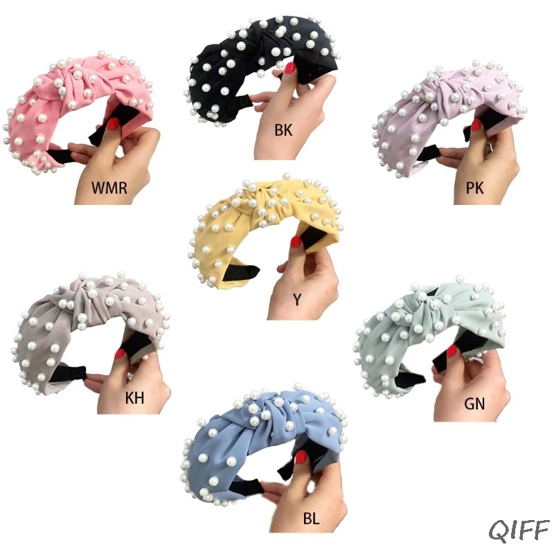 

Women Girls Sweet Candy Color Wide Headband Bohemian Handmade Twist Bowknot Hair Hoop Imitation Pearl Beaded Banquet Headwear