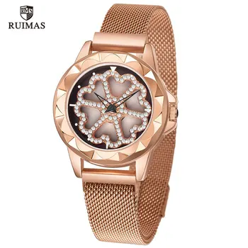 

RUIMAS Stylish Mesh Watches Women Ladies Luxury Waterproof Quartz Wrist Watch Fashion Crystal Flower Clock Relogios Feminino 542