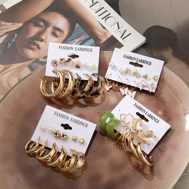 Vintage Fashion Metal Big Round Circle Hoop Earrings Set For Women Acrylic Leopard Butterfly Pearls Dangle Drop Earrings Jewelry