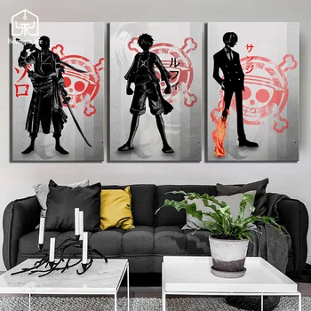 

One Piece wall pictures for living room Mural Canvas Airbrush Painting Triple Anime Luffy Decorative Painting posters and prints