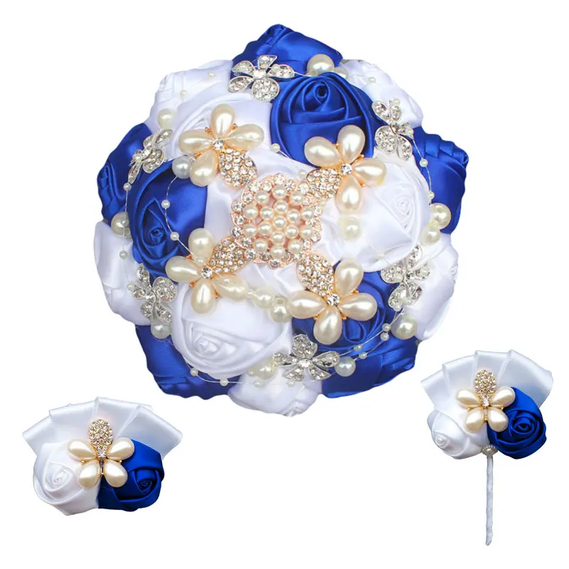 15cm white royalblue WifeLai-белый Бургундский Свадебный букет с красными розами, брошь с бриллиантами, свадебный букет для выпускного вечера, жемчужные украшения и бутоньерки, набор - Цвет: 15cm white royalblue