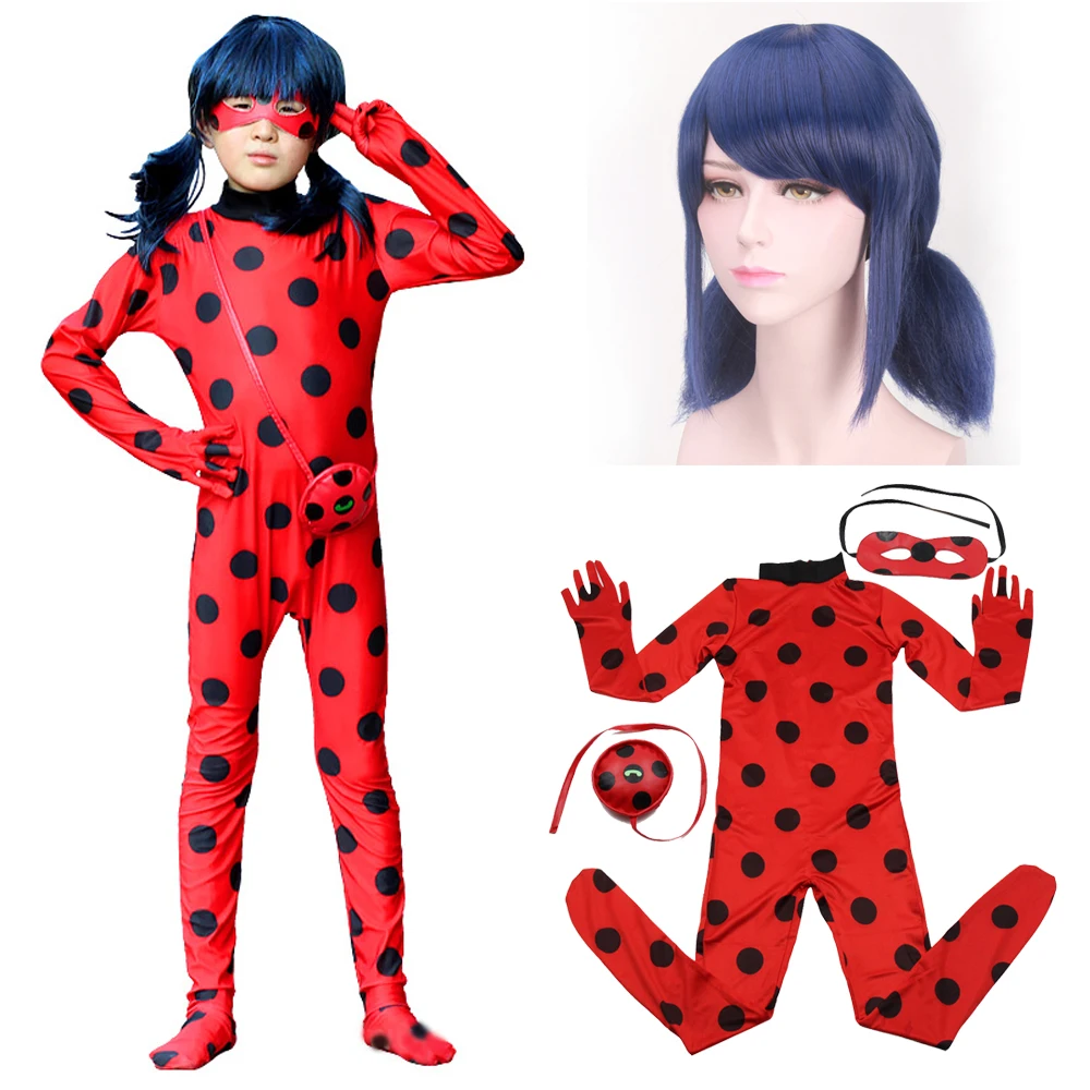 

Kids Adult Ladybug Costumes Halloween Jumpsuits Girls Child Women Spandex disfraz Lady Bug Cosplay Marinette With Wig Bag