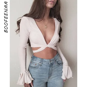 

BOOFEENAA Sexy Long Sleeve Crop Top Women Shirts Fall Winter 2019 Clubwear T Shirt Deep V Neck Flare Sleeve Blouse C66-AZ84