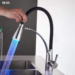 D-till Brass Faucet LED lighting kitchen Sink Faucets Single Holder Hole Deck Mounted Hot/cold pull out Temperature control