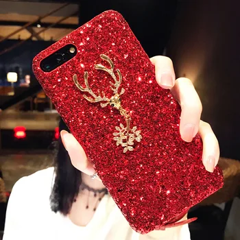 

30pcs/lot For iPhone 8 Plus 7 Plus 6S Plus Shiny Bling Glitter Powder Red Elk Rhinestone Luxury Phone Cover For iPhone XS Max XR