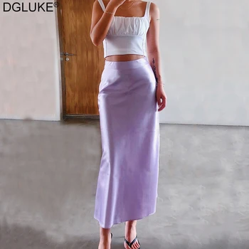 

DGLUKE Elegant Purple Satin Skirt High Waist A-Line Mid-Calf Skirt Ladies Office Wear Sexy Party Long Silk Skirt Summer 2021