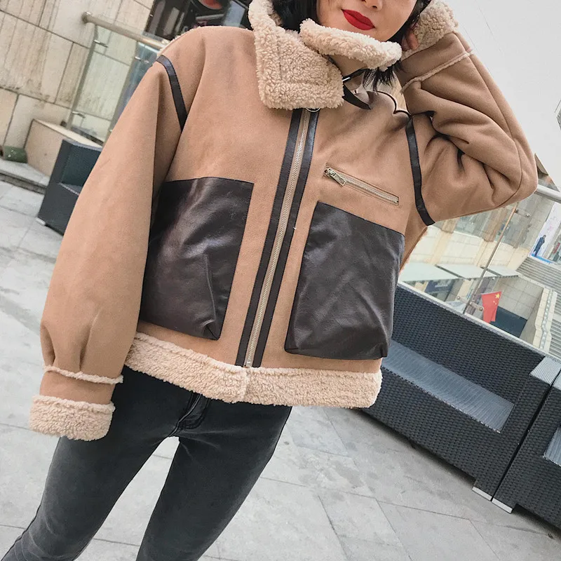 

MUMUZI Faux fur patchwork soft suede coat Women autumn short warm basic jacket coat female fluffy teddy winter coat outwear