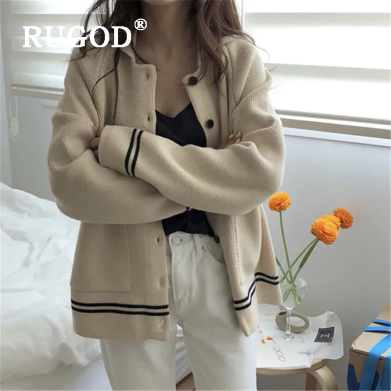 RUGOD New autumn winter warm sweater cardigans for women turn down collar stripe loose knit coat fashion femal korean top