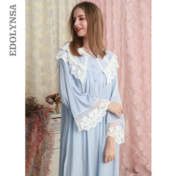 

Loose Nightgown Women Round Neck Nightgowns Lace Fashion Vintage Sleepwear Homewear Nightdress Length Dress T569