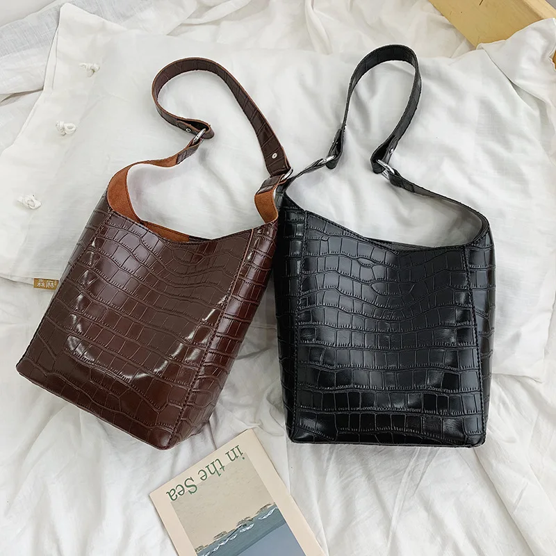 

2019 New Style Autumn Oil Wax Leather Crocodile Pattern Bucket Bag Two-Piece Set-Style Shoulder WOMEN'S Bag