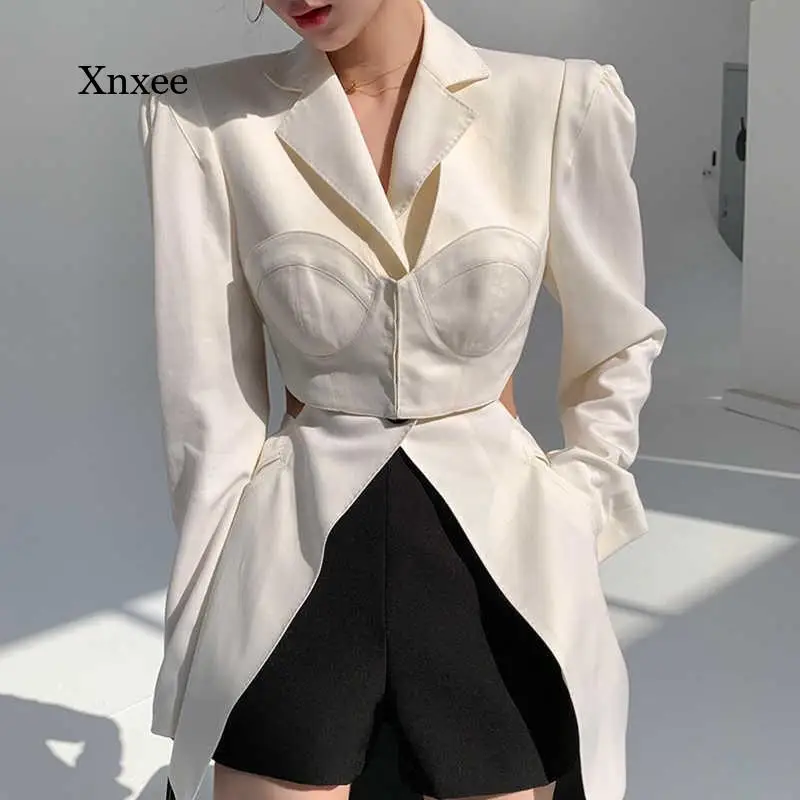 

Hollow Out Slim Coat White Casual Blazer for Women Notched Long Sleeve Korean Straight Blazers Female Spring Fashion New Tops