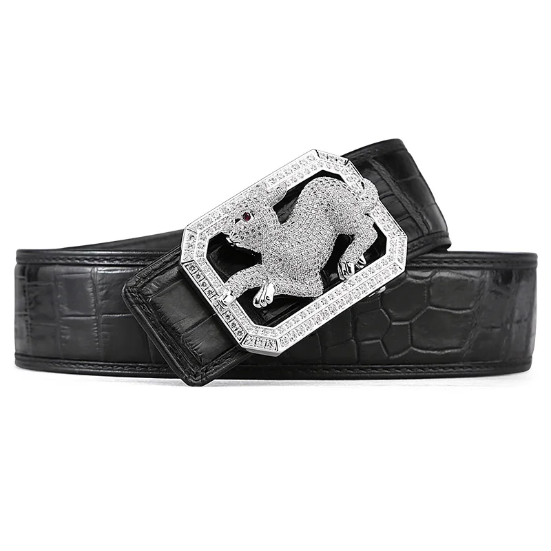 McParko Crocodile Belt Mens Leather Belts With Buckle Luxury Animal Design Genuine Leather Waist Belt with rhinestones Buckle - Цвет: rabbit black