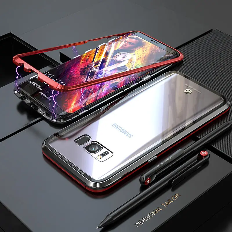 Адсорбционный чехол с магнитной рамкой для samsung Galaxy S10 Plus S8, стеклянный защитный чехол для samsung S10 Plus, чехол для samsung S10, чехол - Цвет: Black Red