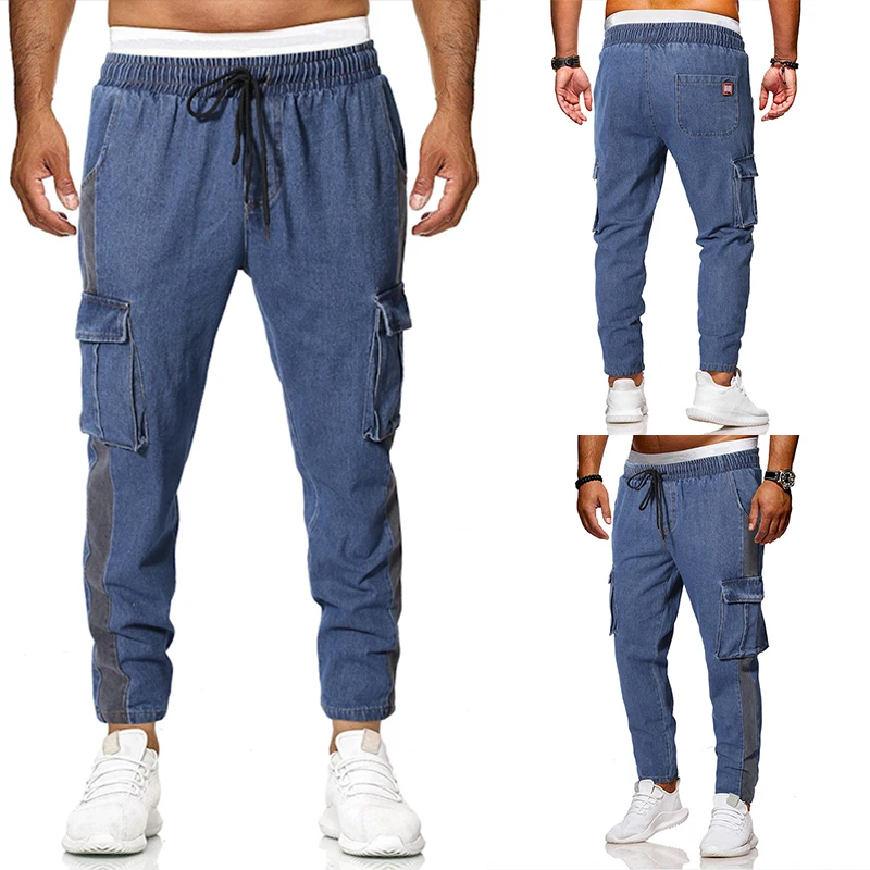 

Spring and Fall Jeans Mens Loose-fitting patchwork Stretch Large pocket Straight Leg Casual Denim Trousers