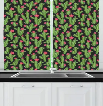 

Pink Green Dark Grey Cactus Kitchen Curtains Continuous Peruvian Cactus Succulent Silhouettes Warm Tone Botany Pattern Window