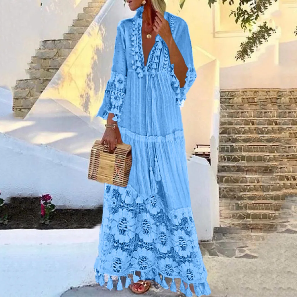 JAYCOSIN, Осеннее пляжное платье макси, модное повседневное богемное платье большого размера с глубоким v-образным вырезом, однотонное кружевное платье с кисточками, свободные длинные платья