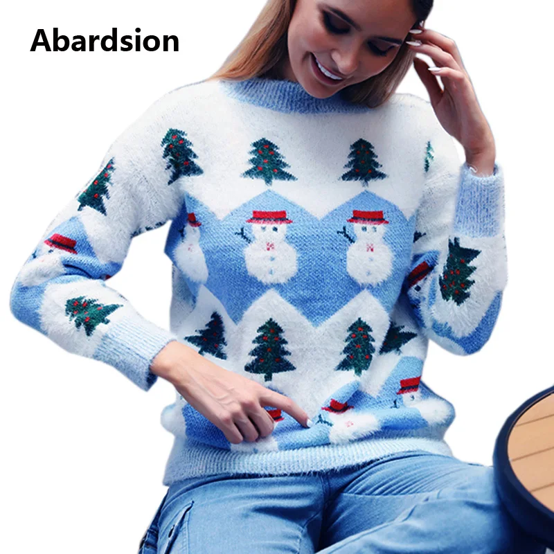 

Abardsion 2019 Christmas Sweater Women Autumn Winter Warm Pullover Casual Slim Snowman Print Cute Basic Knitted Sweaters