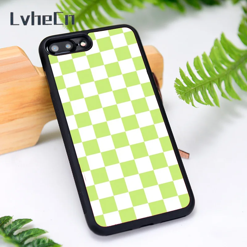 LvheCn Silicone Rubber Phone Case Cover for iPhone 6 6S 7 8 Plus X XS XR 11 12 Mini Pro Max Lime Green + White Checkerboard | Мобильные