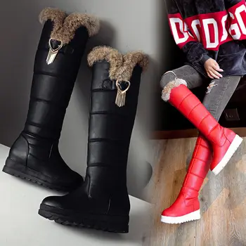 

Genuine Cony Hair High Snow Boots Wedges Women's Over Knee Boots Non-slip Thicken Plush Warm Shoes PU leather Black White Red