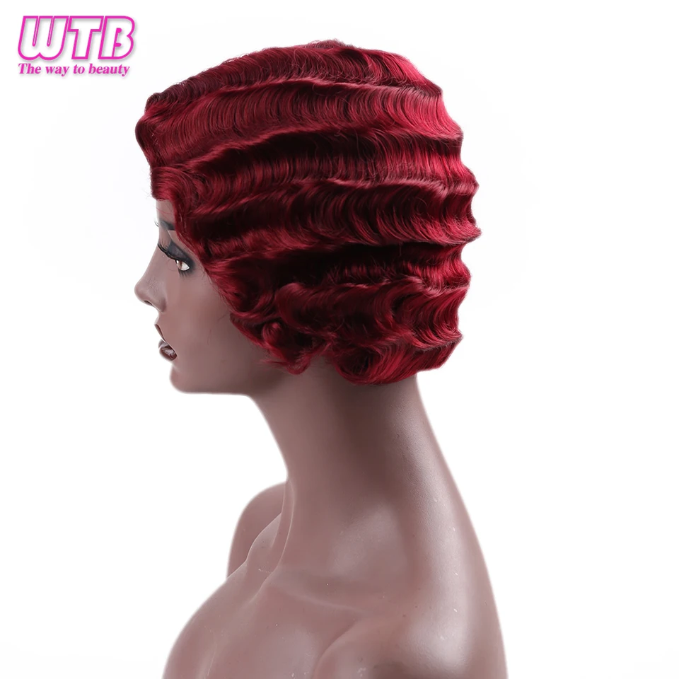 WTB короткий милый цвет красного вина синтетический парик для женщин фиолетовый розовый палец волны парики для афро-американских Косплей поддельные волосы