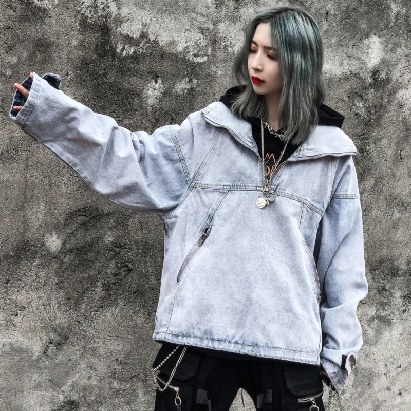 Gothic Half Zip Pullover Denim Jacket 