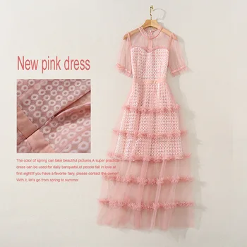 

women's round neck, short sleeve, heavy industry, mesh, embroidery, splicing, wood ear, waist closing and flowing dress
