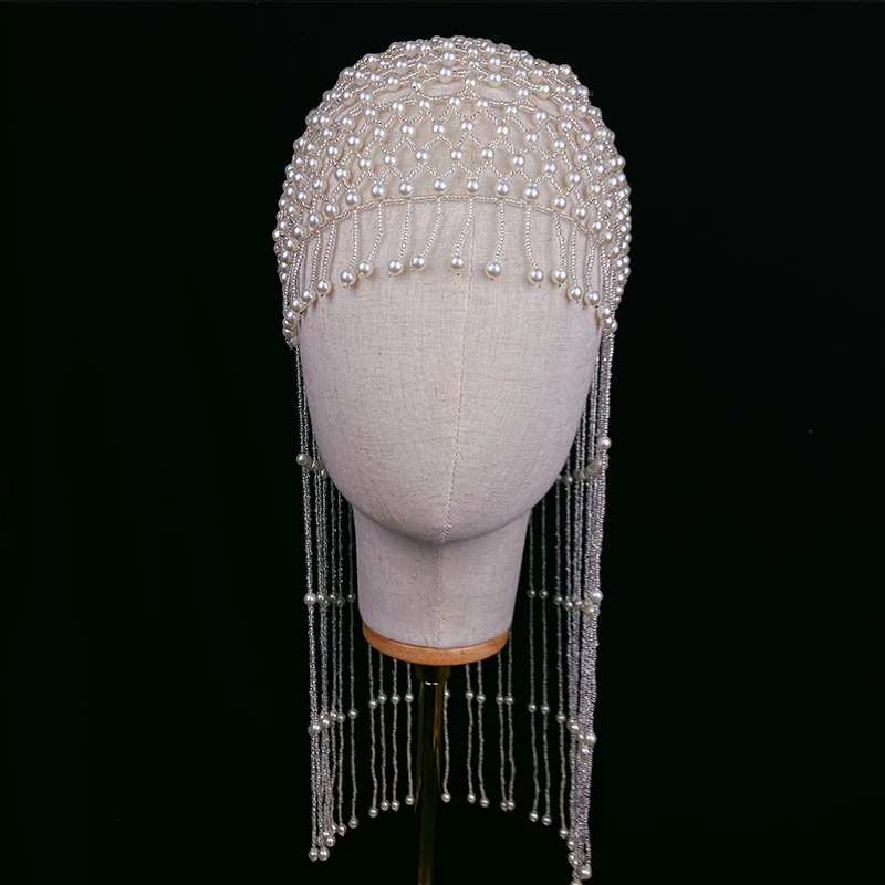 White Pearls Tassel Headpiece for Arab Bride Luxury Head Jewelry Voile Femme Musulman حجاب اسلامي