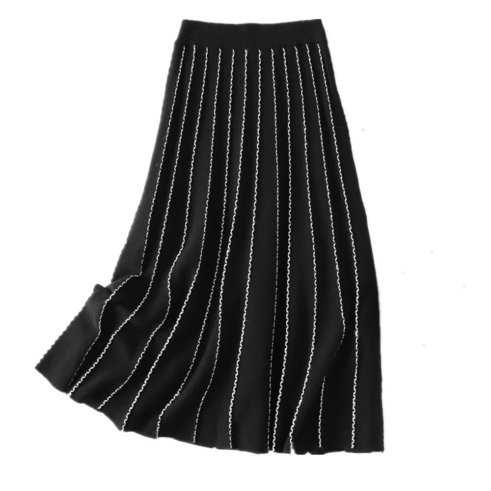 

GTGYFF Fall winter women's skirt stretchy high waist midi pleated glitter striped knitted woman skirts black trendy vintage