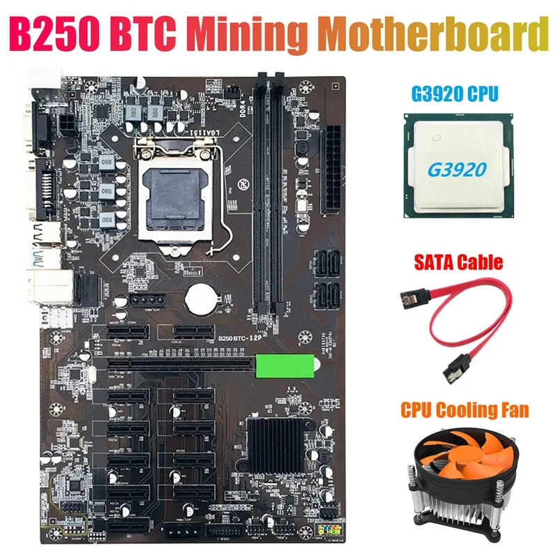 B250 BTC Mining Motherboard with G3920 CPU+Fan+SATA Cable 12XGraphics Card Slot LGA 1151 DDR4 USB3.0 for Miner | Компьютеры и офис