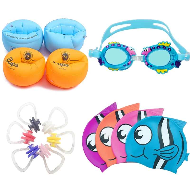 Kids Swimming Accessories Set Girls Swimming Googles + Swim Armsleeves + 5pcs Nose Clips + Swimming Caps|Swimming Eyewear| -