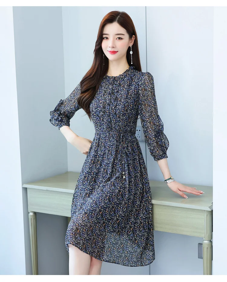 2022 חדש אלגנטי Bodycon המפלגה Vestidos Womem פרחוני שיפון מזדמן חוף Midi שמלת סתיו החורף קוריאני בציר שמלת בגדים