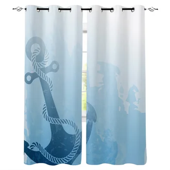 

Anchor Blue Background Sailboat Window Curtains Living Room Kitchen Curtains for Bedroom Left and Right Biparting Open Curtains