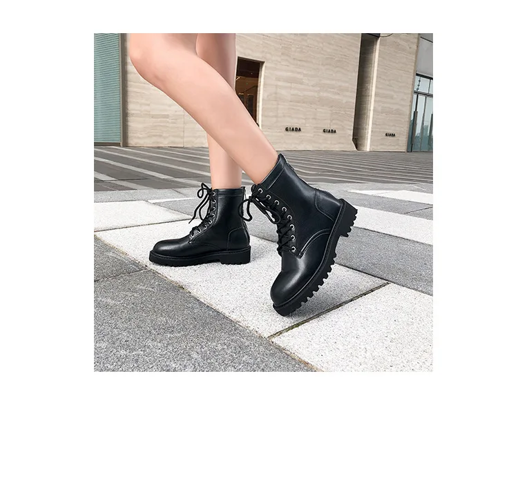 Модные мотоциклетные ботинки на платформе; женские Ботинки martin; Сезон Зима; botines; зимние кожаные ботинки; черные армейские ботинки до середины икры на шнуровке и молнии