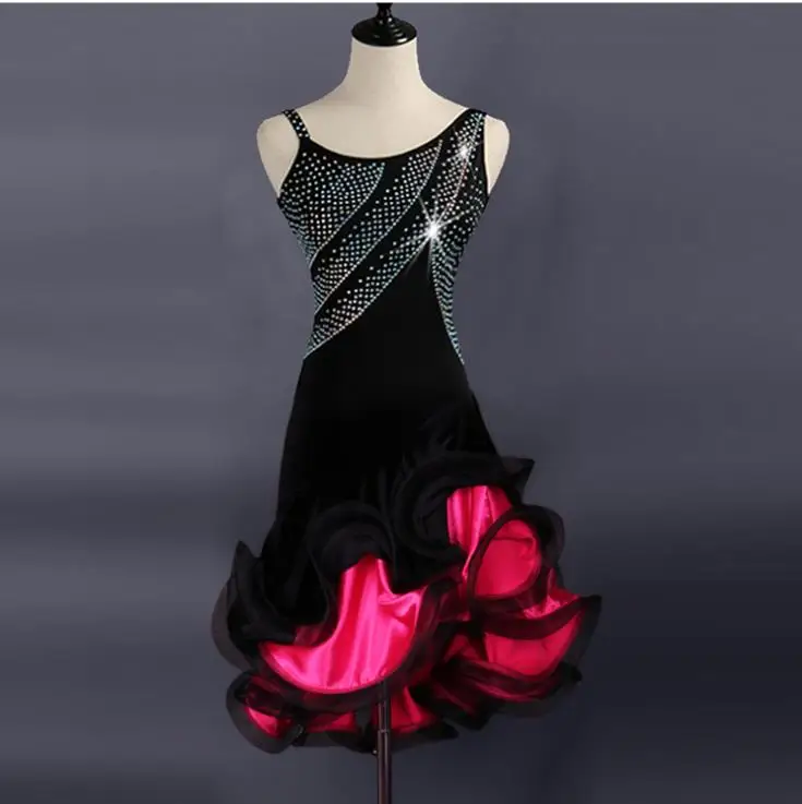 Sleeveless Velvet Bodice Halter Neck Latin Dance Dress Sparking Rumba Chacha Dancewear Adult Stage Show Costumes 3 Colors B0063 - Цвет: Rose Red