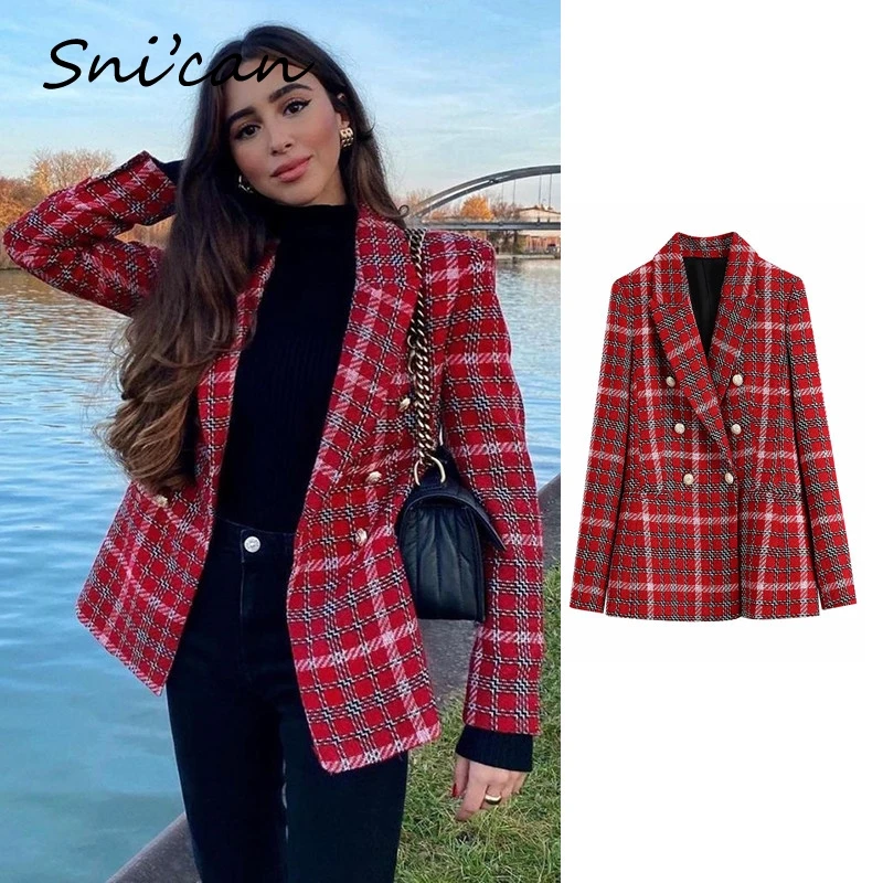 

Snican Red Tweed Women Uniform Plaid Jacket Coat Mnteau Femme Hiver Vintage Za Winter Veste Hiver 2021 Chaqueta Mujer Blazer