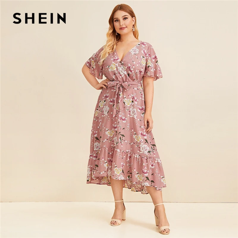 SHEIN плюс размер с рюшами и цветочным принтом подол обёрточная лента поясом длинное платье женское лето осень V шеи Высокая талия Fit и расклешенные Бохо платья